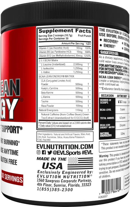 EVL BCAA Lean Energy Powder - Pre Workout Green Tea Fat Burner Support with BCAAs Amino Acids and Clean Energizers - BCAA Powder Post Workout Recovery Drink for Lean Muscle Recovery - Fruit Punch