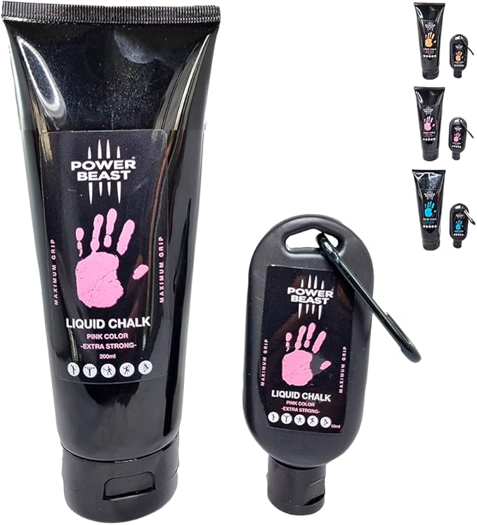 POWER BEAST Colored Liquid Chalk, 2 Bottles Combo of 200 + 50 ML, Liquid Sports Chalk, Free Professional Hand Grip for Gym, Weightlifting, Rock Climbing, Crossfit, Powerlifting, Pole Dance.