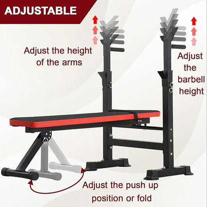 Weight Bench Adjustable Weight Bench Press Set with Squat Rack 660lbs Foldable Flat Incline Olympic Weight Bench Home Gym Exercise Training Machine for Men