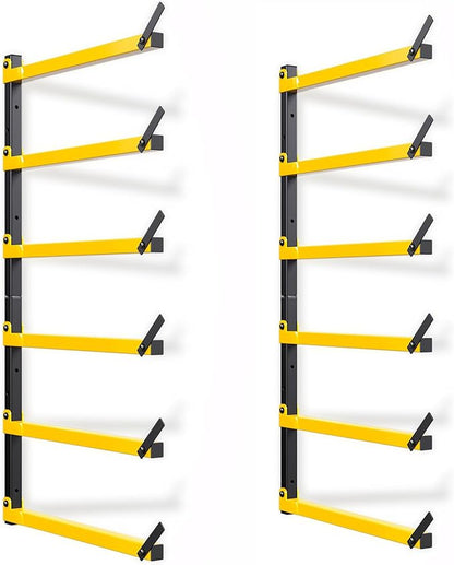 GREENER Lumber Storage Rack Folding Wood Storage Racks Wall-Mounted Metal Racks for Storage with 6-Level Heavy Duty Garage Wood Organizer for Woodworking Shop Indoor & Outdoor Use, 2 pairs,Yellow
