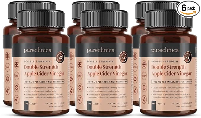 pureclinica Double Strength Apple Cider Vinegar 1000mg x 1080 Tablets (6 Bottles of 180 Tablets - 3 Years Supply)