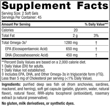 Nordic Naturals Ultimate Omega, Lemon Flavor - 90 Soft Gels - 1280 mg Omega-3 - High-Potency Omega-3 Fish Oil Supplement with EPA & DHA - Promotes Brain & Heart Health - Non-GMO - 45 Servings