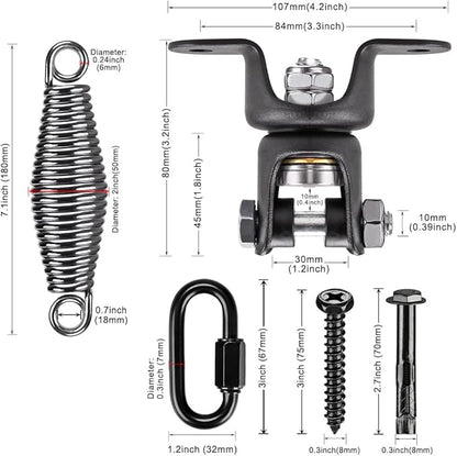 BeneLabel Heavy Duty Boxing Punching Bag Hanger with Spring, 360° Rotation Wood Beam Holder, 1 Carabiner, 1 Comfort Spring, 2 Hexagon Wood Screws and 2 Expansion Screws.