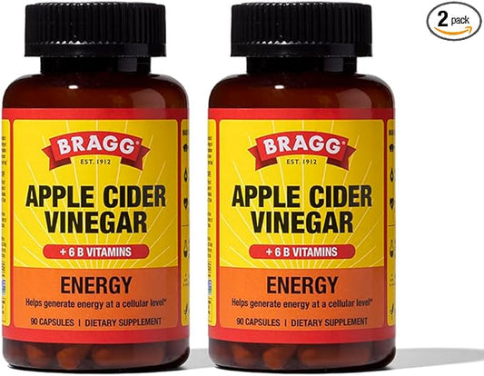Bragg Energy Apple Cider Vinegar Capsules with B Vitamins - (2 Pack) 90 Capsules - Helps Generate Energy at Cellular Level