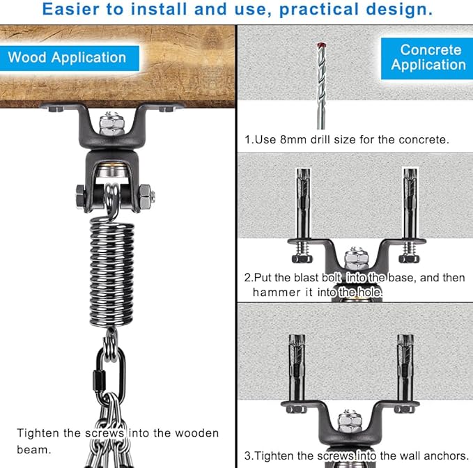 BeneLabel Heavy Duty Boxing Punching Bag Hanger Chain with Spring, 350 LB Capacity, 360° Rotation Wood Beam Holder with 4 Chains and 4 Carabiners, 2 Hexagon Wood Screws and 2 Expansion Screws.