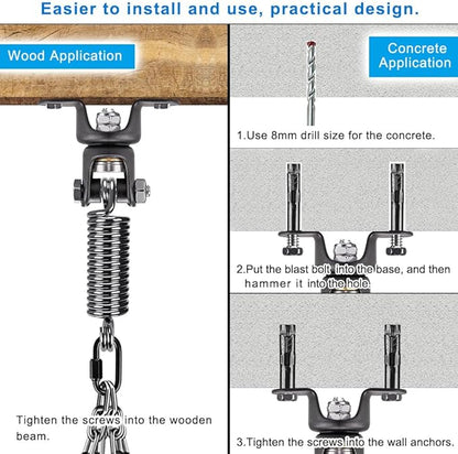 BeneLabel Heavy Duty Boxing Punching Bag Hanger Chain with Spring, 350 LB Capacity, 360° Rotation Wood Beam Holder with 4 Chains and 4 Carabiners, 2 Hexagon Wood Screws and 2 Expansion Screws.