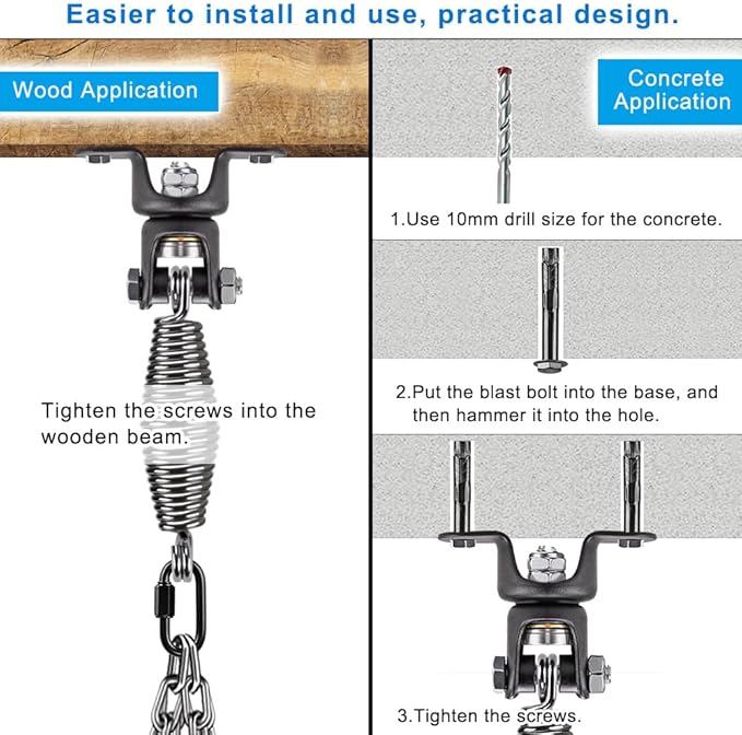 BeneLabel Heavy Duty Boxing Punching Bag Hanger Chain with Spring, 350 LB Capacity, 360° Rotation Wood Beam Holder with 4 Chains and 4 Carabiners, 2 Hexagon Wood Screws and 2 Expansion Screws.
