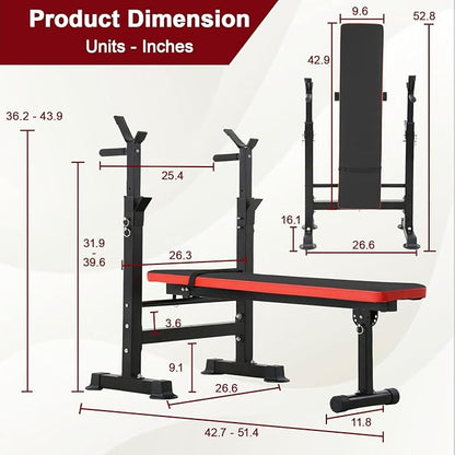 Weight Bench Adjustable Weight Bench Press Set with Squat Rack 660lbs Foldable Flat Incline Olympic Weight Bench Home Gym Exercise Training Machine for Men