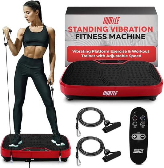 Hurtle Fitness Vibration Platform Machine - Home Gym Whole Body Shaker Exercise Machine Workout Trainer Fast Weight Loss w/Resistance Bands Easy Carry Wheel Remote Adjustable Speed