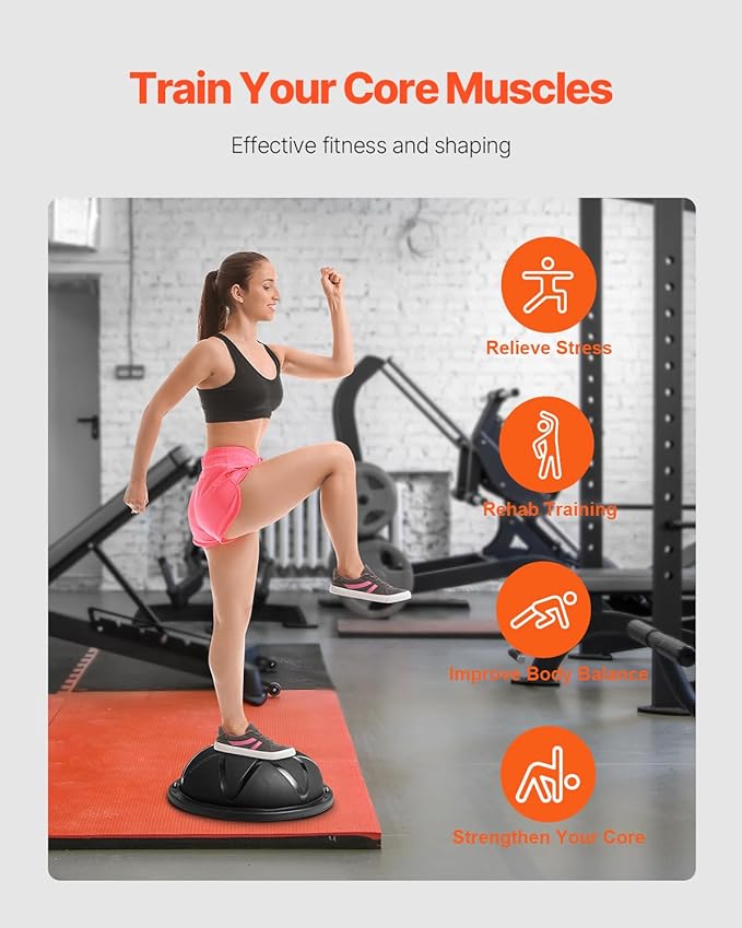 VEVOR Half Exercise Ball Trainer, 23/26 inch Balance Ball Trainer, 1500lbs Capacity Stability Ball, Yoga Ball with Resistance Bands & Foot Pump, Strength Fitness Ball for Home Gym Full Body Workout Black