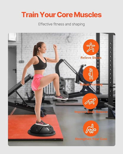VEVOR Half Exercise Ball Trainer, 23/26 inch Balance Ball Trainer, 1500lbs Capacity Stability Ball, Yoga Ball with Resistance Bands & Foot Pump, Strength Fitness Ball for Home Gym Full Body Workout Black