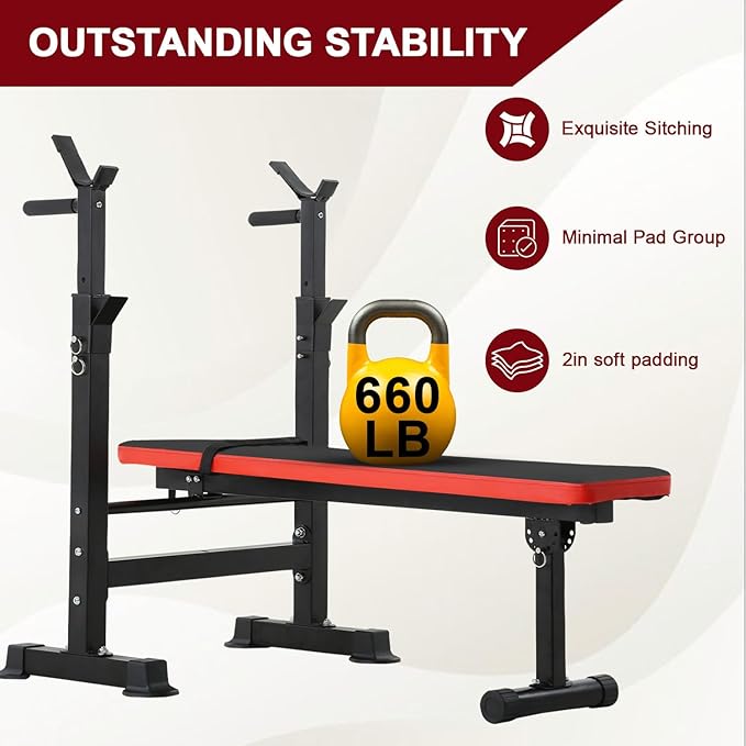 Weight Bench Adjustable Weight Bench Press Set with Squat Rack 660lbs Foldable Flat Incline Olympic Weight Bench Home Gym Exercise Training Machine for Men
