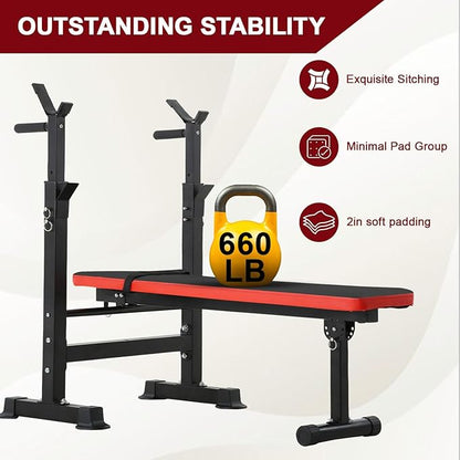 Weight Bench Adjustable Weight Bench Press Set with Squat Rack 660lbs Foldable Flat Incline Olympic Weight Bench Home Gym Exercise Training Machine for Men