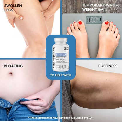 Youth & Tonic Natural Water Weight Away Pills for Belly Bloating, Water Retention & Fluid Loss – Herbal Diuretics for Swollen Legs, Feet, and Swelling – Dandelion Diuretic for Women & Men – 60 Caps