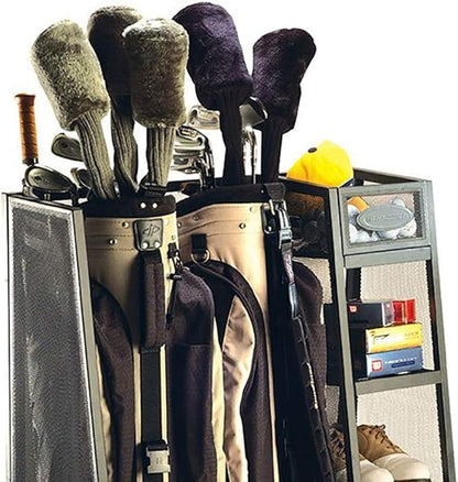 Suncast Garage Golf Bag Shelf Organizer with Leveling Feet and 5 Inch Bin for Club, Ball, and Accessory Storage, 2 Pack