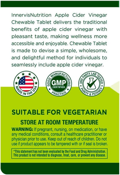 Apple Cider Vinegar 120 Chewable Tablets Healthy Heart Immune Support Energy Production Supplement