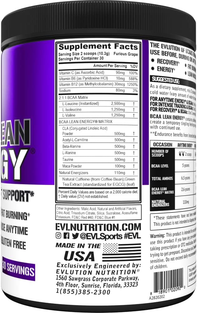 EVL BCAA Lean Energy Powder - Pre Workout Green Tea Fat Burner Support with BCAAs Amino Acids and Clean Energizers - BCAA Powder Post Workout Recovery Drink for Lean Muscle Recovery - Furious Grape