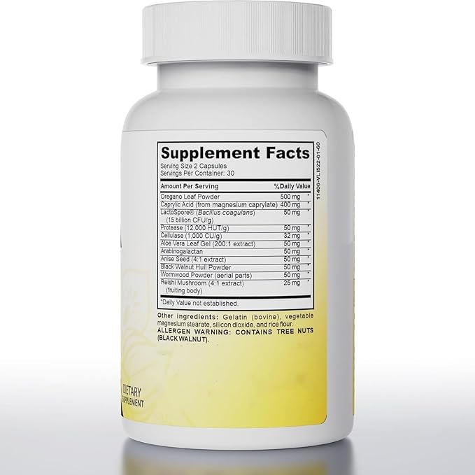 Candida Cleanse, Gut & Colon Cleanse for Women & Men, Supports Healthy Gut and Colon Function, Pure Natural Formula - Oregano Leaf, Wormwood Leaf, Black Walnut Hull, Reishi Mushroom, Aloe Vera