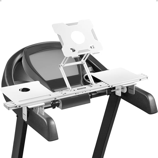 INMAKER Treadmill Desk Attachment, Universal Treadmill Laptop Holder Adjustble Height Width, Aluminum Laptop Stand for Treadmill with Tray White