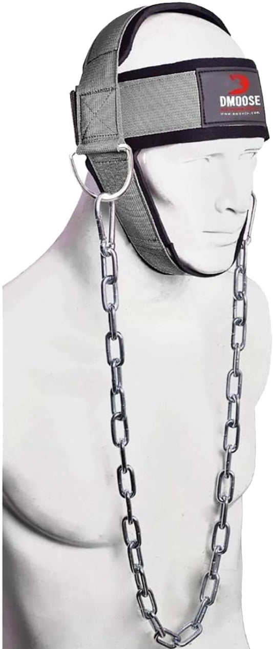 DMoose Neck Harness for Weight Lifting - 30" Heavy Duty Steel Chain - Neck Exerciser, Trainer & Strengthener for Injury Recovery Support & Workout- Adjustable Head & Chin Strap
