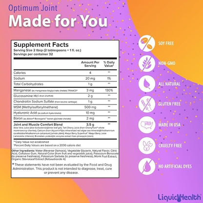 LIQUIDHEALTH Optimum Joint Support Liquid Multivitamin with Glucosamine, Chondroitin, MSM, Hyaluronic Acid - Increase Mobility, Joint Comfort, for Runners & Athletes, Sugar-Free, Vegan (3pack)