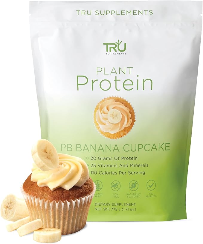 TRU Plant Based Protein Powder, BCAA, EAA, 20g Vegan Protein, 100 Calories, 27 Vitamins, No Artificial Flavors 25 Servings (Peanut Butter Banana Cupcake)