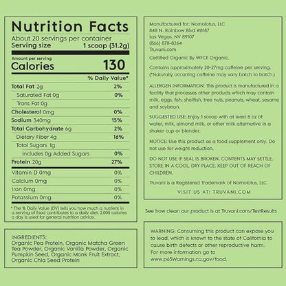 Truvani Vegan Pea Protein Powder | Matcha | 20g Organic Plant Based Protein | 20 Servings | Keto | Gluten & Dairy Free | Low Carb | No Added Sugar