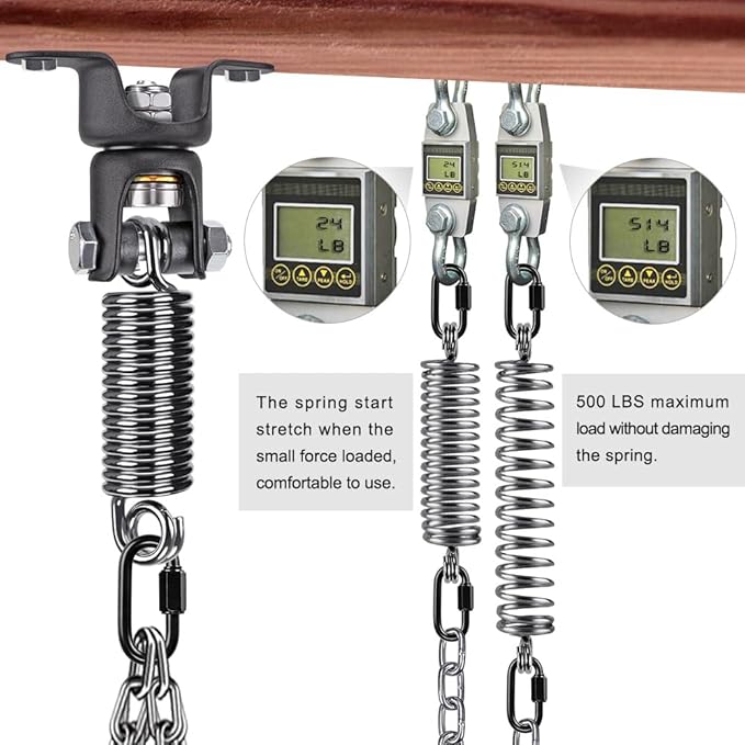 BeneLabel Heavy Duty Boxing Punching Bag Hanger Chain with Spring, 350 LB Capacity, 360° Rotation Wood Beam Holder with 4 Chains and 4 Carabiners, 2 Hexagon Wood Screws and 2 Expansion Screws.
