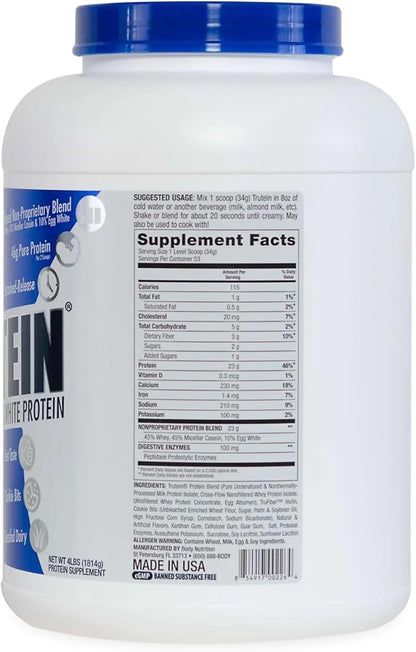 Body Nutrition Trutein High Protein Powder: 45% Whey, 45% Casein, 10% Egg White Protein Shake Mix, Low Sodium, Low Carb Protein Supplement Powder for Men & Women, Cookies & Cream, 4lb