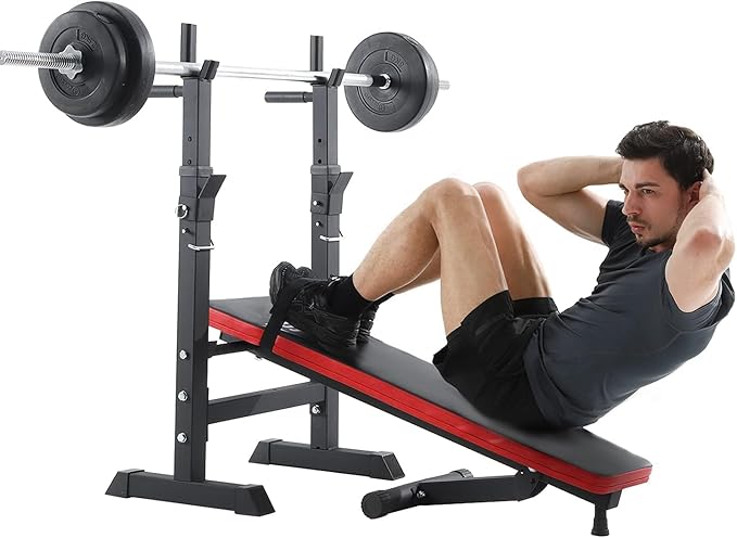 ISE Flat Adjustable Weight Bench with Barbell Rack 800LBS