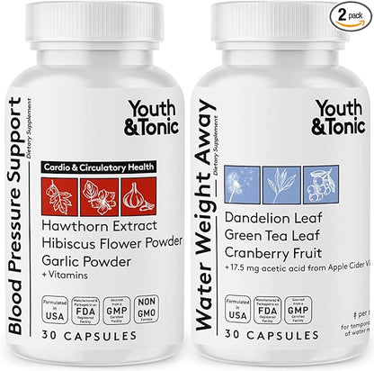Youth & Tonic Daily Water Weight Away Pills and Blood Pressure Support Supplements/Natural Diuretics for Water Retention & BP Capsules to Maintain a Good Circulatory Health / 60 CPS for Women & Men