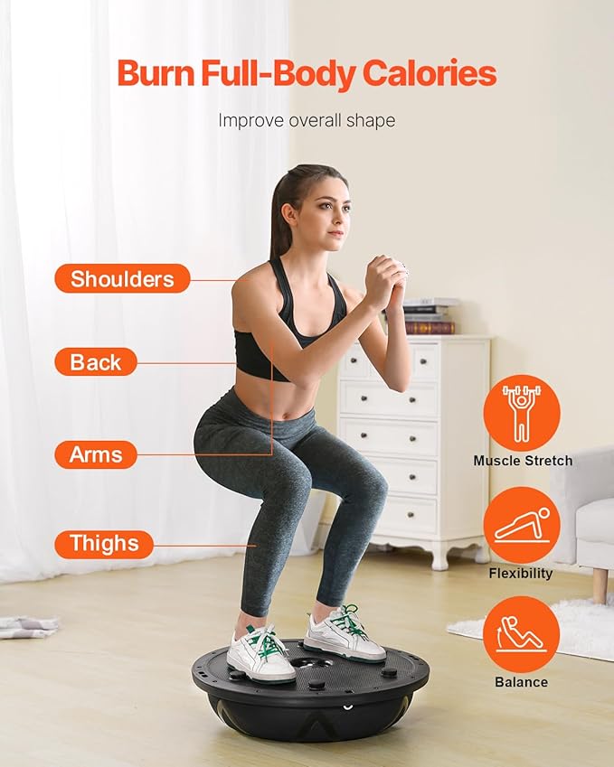 VEVOR Half Exercise Ball Trainer, 23/26 inch Balance Ball Trainer, 1500lbs Capacity Stability Ball, Yoga Ball with Resistance Bands & Foot Pump, Strength Fitness Ball for Home Gym Full Body Workout Black
