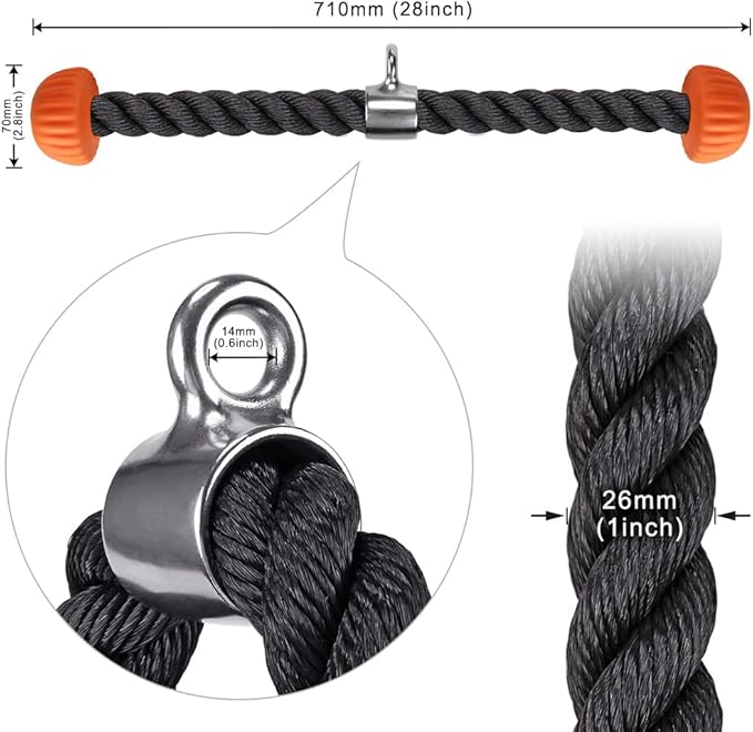 SELEWARE Tricep Rope W/Rubber Ends Cable Machine Attachments for Gym, 28”/36” Universal Triceps Pull Down Rope for Pulley System Home Gym Workout Fitness