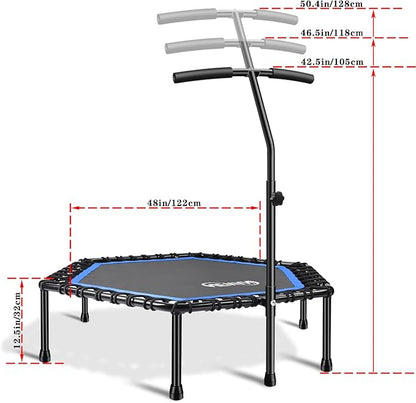 Newan 48'' Fitness Trampoline with Adjustable Handle Bar, Silent Trampoline Bungee Rebounder Jumping Cardio Trainer Workout for Adults - Max Limit 330 lbs