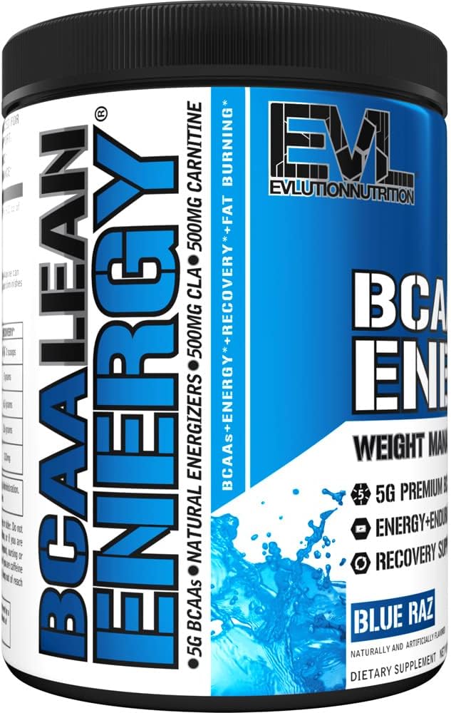 EVL BCAA Lean Energy Powder - Pre Workout Green Tea Fat Burner Support with BCAAs Amino Acids and Clean Energizers - BCAA Powder Post Workout Recovery Drink for Lean Muscle Recovery - Blue Raz