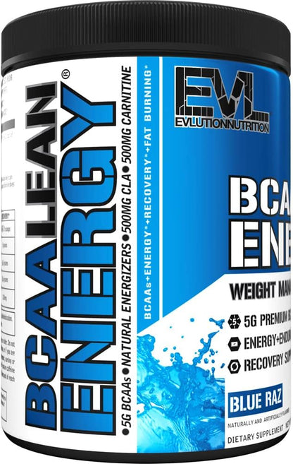 EVL BCAA Lean Energy Powder - Pre Workout Green Tea Fat Burner Support with BCAAs Amino Acids and Clean Energizers - BCAA Powder Post Workout Recovery Drink for Lean Muscle Recovery - Blue Raz