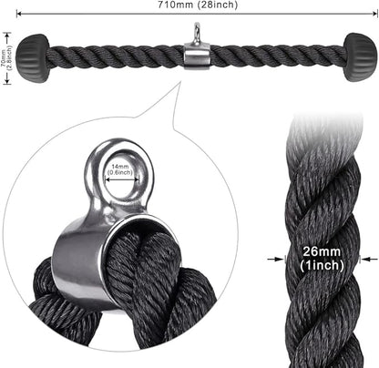 SELEWARE Tricep Rope W/Rubber Ends Cable Machine Attachments for Gym, 28”/36” Universal Triceps Pull Down Rope for Pulley System Home Gym Workout Fitness