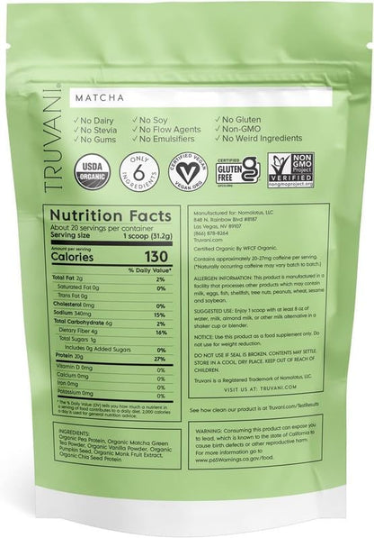 Truvani Vegan Pea Protein Powder | Matcha | 20g Organic Plant Based Protein | 20 Servings | Keto | Gluten & Dairy Free | Low Carb | No Added Sugar