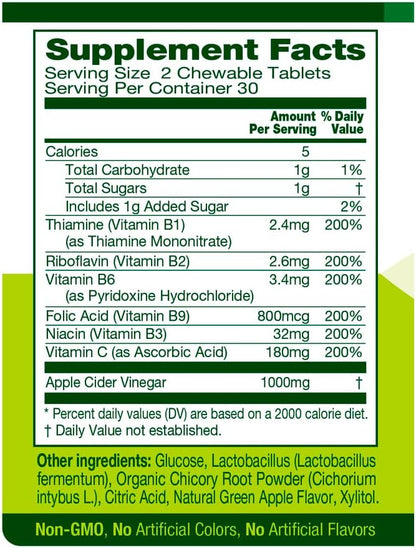 Apple Cider Vinegar 60 Chewable Tablets Healthy Heart Immune Support Energy Production Supplement