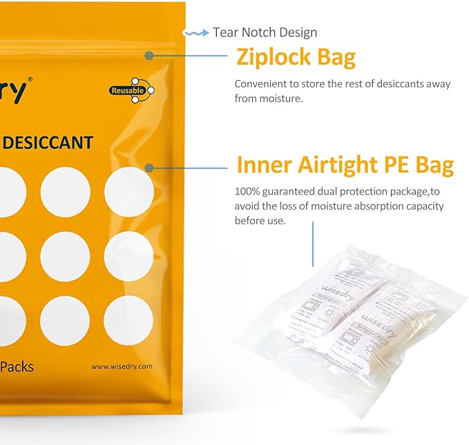 wisedry 50 Gram [6PACKS] Rechargeable Silica Gel Desiccant Packets Fast Reactivate Desiccant Bags Orange to Green indicating for Air Dryer Food Grade