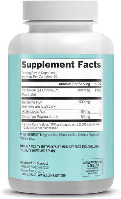 SlimFast Berberine Plus Capsules, Berberine Supplement, with Berberine hcl, Chromium Picolinate, Alpha Lipoic Acid, and Cinnamon Bark, 60 Count, 30 Servings