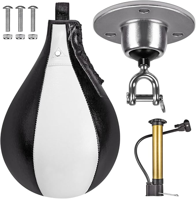 Benelabel Boxing Speed Bag Kit & Boxing Speed Bag - Premium Leather Bag with 360° Swivel and Inflator - Easy to Install and Use - Improve Your Speed and Reflexes