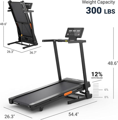 THERUN Treadmill with Incline, 3.0 HP Foldable Treadmills for Home, Brushless Motor Auto Incline Treadmill, 12 Level Adjustable, 300 LBS Capacity, Quiet Running