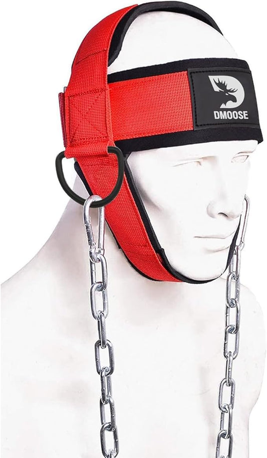 DMoose Neck Harness for Weight Lifting - 30" Heavy Duty Steel Chain - Neck Exerciser, Trainer & Strengthener for Injury Recovery Support & Workout- Adjustable Head & Chin Strap