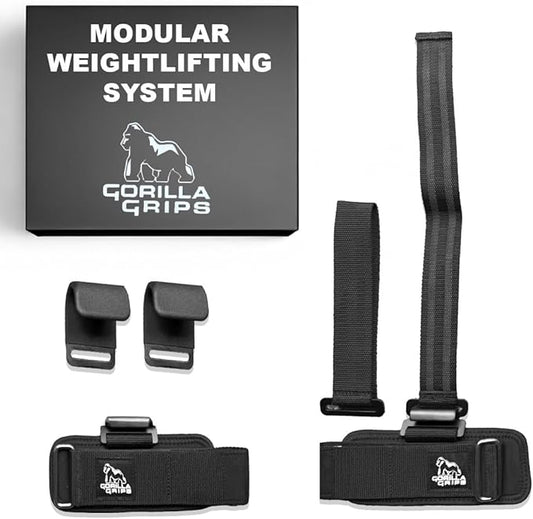 Gorilla Grips wrist wraps for weightlifting men with weight lifting hooks, wrist straps for men and women combining deadlift straps, pull up grips and modular attachments.