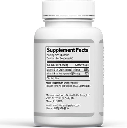 10X Health Vitamin D3 K2 - Loaded with 125 mcg Vitamin D and 90 mcg Vitamin K (Menaquinone 7) - D3 and K2 Supplements That Support Bone Health, Heart and Teeth - 60 Capsules