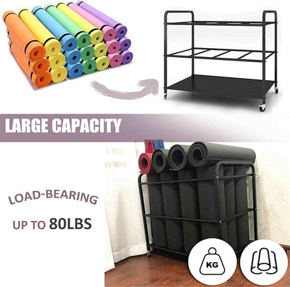 Yoga Mat Storage Rack Basket Workout Equipment Home Gym Storage Rack with Wheels Yoga Mat Holder Exercise & Fitness Organizer for Dumbbell Kettlebells Resistance Bands Yoga Blocks Foam Roller