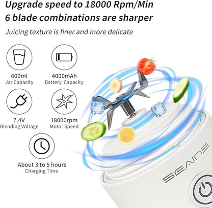 Portable Blender, Personal Blender for Shakes and Smoothies with 20 Oz Travel Cup and Lid, Mini Personal Size Blender with 6 Blades and USB Rechargeable for Gym, Kitchen and Outdoors (White)