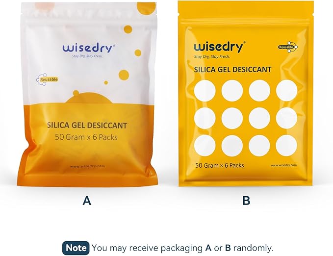 wisedry 50 Gram [6PACKS] Rechargeable Silica Gel Desiccant Packets Fast Reactivate Desiccant Bags Orange to Green indicating for Air Dryer Food Grade