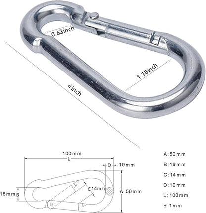 Carabiner Clip 4 Inch Spring Snap Hook Heavy Duty 2pcs 10x100mm for Hammock Punching Bags Swing Chairs Gym Equipment Camping Hiking